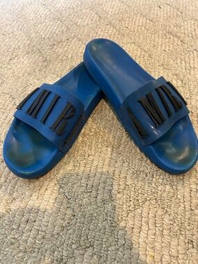 AMIRI Blue Slide Sandals with Black Raised Logo